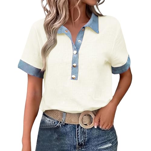 Chemise décontractée respirante contre la chaleur blouse été patchwork denim