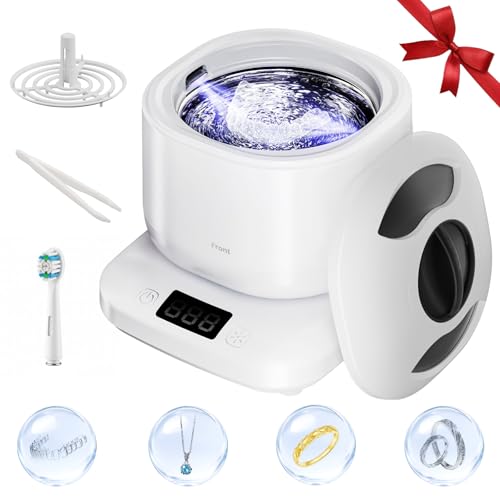 Image of Ultrasonic Jewelry Cleaner Machine with Purifying Light, Detachable Retainer Cleaner for Jewelry, Retainers, Dentures, 42kHz Ultrasonic Cleaner with 3 Modes, Waterproof, for family, White