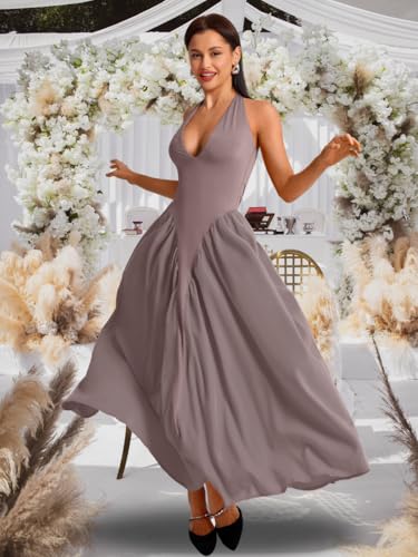 Image of ChiaoLezhee Deep V Neck Dress, Halter Maxi Dresses, Vacation Date Night, Sexy for Women Corset Flowy Wedding Guest Drop Waist