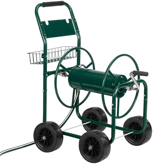 Garden Hose Reel Cart Water Pipe Trucks,Water Hose Cart with 4 Wheels,Hold Up to 400ft of 1/2" Hose,Heavy Duty Steel Garden Lawn Water Truck Water Planting Cart w/Storage Basket for Garden,Yard,Lawn