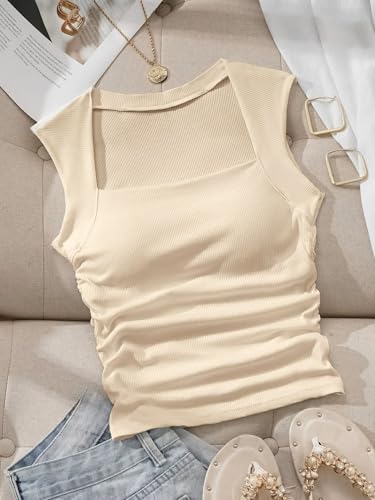 Image of ADBUCKS Women's Ribbed Square Neck Tank Top - Double Layered Ruched Vest, Slim Fit Stretch Fabric Sleeveless Top Without Chest Pad