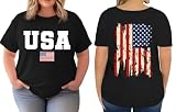 VQD Womens Plus Size American Flag Shirt USA Patriotic Tshirt 4th of July Tee Top Black