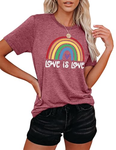 Damen Pride Shirts LGBT Tshirt Regenbogenherz Grafik T-Shirt Gay Pride Tee Kurzarm Tops (Rosa-d,L)