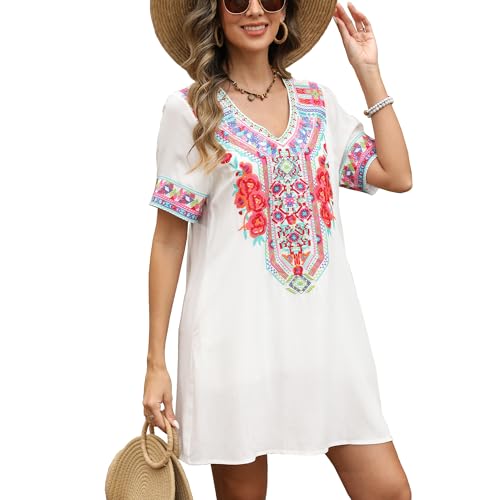 Image of Grosy Fiesta Embroidered Mexican Dress for Women Beach Vacation Plus Size Short Sleeve Summer Boho Dresses with Pocket