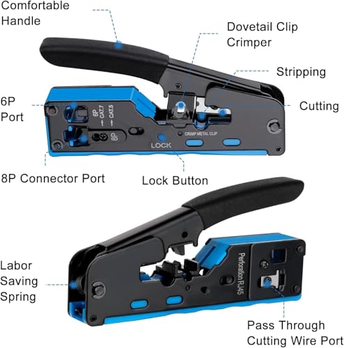 Image of XIKKART RJ45 Crimping Tool Kit | Pass Through Ethernet Crimper for Cat7, Cat6, Cat5 | Network Cable Crimping Tool with 5 Cat7 & 5 Cat6 Connectors + 5 Boots | RJ45 RJ11 RJ12 Tool (Multicolor) (5 in 1)