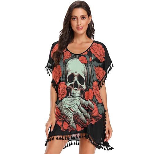 Red Rose Skull Hand Art Women's Beach Cover Up Chiffon Tassel Swimwear Swimsuit Coverups for Girl