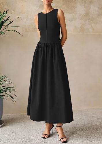 Image of PRETTYGARDEN Maxi Dresses for Women 2026 Summer Casual Sleeveless Patchwork Flowy Vacation Sundress Knit Long Work Tank Dress