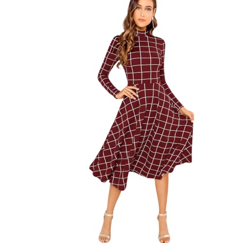 Image of Floerns Women's High Neck Plaid Fit and Flare Midi Dress