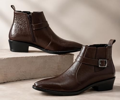Image of Kraasa Men's Synthetic Leather Ankle Boots with Side Buckle Strap, Elastic Panel & Durable TPR Sole Casual & Formal Wear Boot