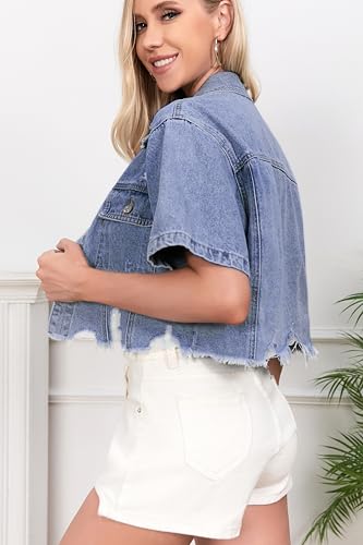 Short Sleeve Jean Jacket for Women Cropped Distressed Jackets Plus Size Denim Top with Frayed Hem2