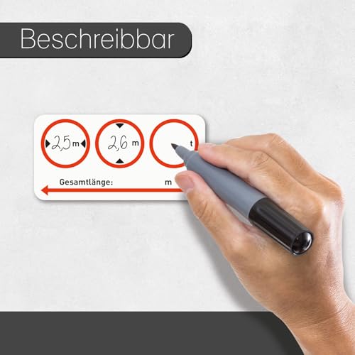 Hinweis-Aufkleber Fahrzeugmaße I Größe I Länge x Breite x Höhe x Gewicht I für Wohnwagen Bus Kfz I Piktogramm I Sicherheitsaufkleber I selbstklebend I beschreibbare Folie I weiß I hin545