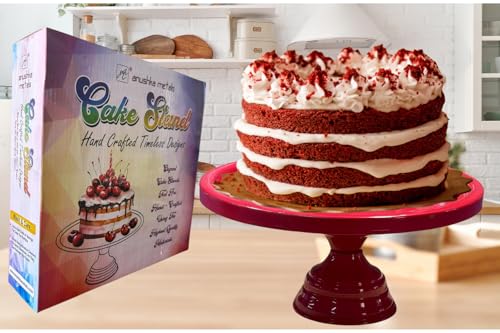 Image of Red Metal Cake Stand Pedestal | Round Non-Revolving Dessert Display | 9 inch Diameter Top | Birthday, Wedding & Party Cake Holder