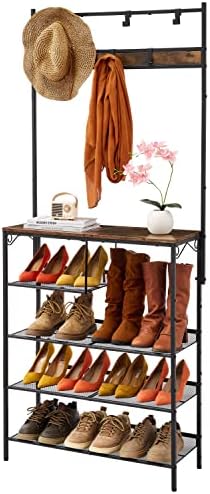Hoctieon 5-Tier Freestanding Coat Rack with Adjustable Mesh Slant, Sturdy Hall Tree Designed for Boots Storage and Shoes Storage, Multifunctional Shoe and Coat Rack for Entryway, Rustic Brown