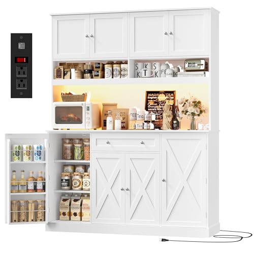 Comparison: Microwave In Pantry 7 HIFIT 72.8” Tall Kitchen Pantry Cabinet with LED & Charging Station, 55” Wide Farmhouse Pantry Storage Cabinet with Microwave Stand&Shelves&Barn Doors, Kitchen Hutch Coffee Bar for Living Room, White