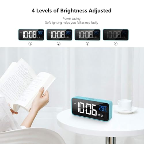 Image of Digital Alarm Clock with Large LED Display Mirror with Temperature Indicator Dual Alarm, Snooze, 4 Degrees Brightness Adjustment, 13 Music Settings, USB Connection, Bedroom