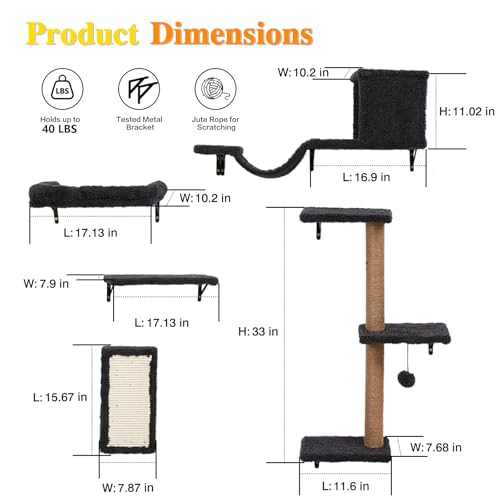 5-in-1 Cat Wall Shelves for Indoor Cats, Wall Mounted Cat Furniture with Bed, Cave, Scratching Post & Perch, Multi-Level Cat Climbing Wall, Space Saving Floating Cat Shelves (Natural Wood Darkgrey) — view 3