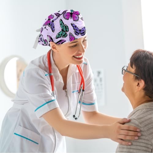 Image of Colored Butterflies Scrub Caps Women Ponytail, Adjustable Bouffant Surgical Caps with Button, Nurse Hats Long Hair