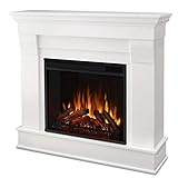 BOWERY HILL Contemporary Solid Wood Electric Fireplace Mantel Heater with Remote Control, Adjustable Led Flame, 1500W in White