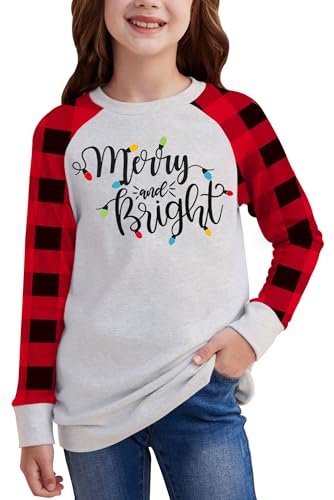 Image of BesserBay Girl's Christmas Buffalo Plaid Raglan Top Funny Holiday Graphic Shirt 4-14 Years