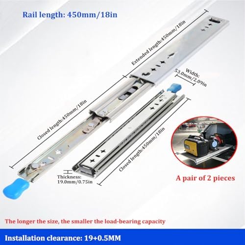 Industrial Heavy Duty Drawer Slide with Lock 250lb Load Capacity Drawer Rails 3-Fold Full Extension, Ball Bearing Rails Track Glides, Side Mount, 1-Pair(500mm/20inch), JETTEQKBB-500MM/20INCH