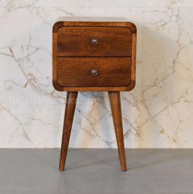 Scandinavian Bedside Table Small Wooden Nordic Nightstand Rustic Solid Wood 2 Storage Drawers Vintage Retro Cabinet Mid Century Danish Plant Lamp Stand (Chestnut)