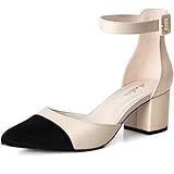 Ankis Closed Toe Heels for Women -Nude PU Pointed Toe Heels Low Block Chunky Women Pumps with Ankle Strap -2.25 Inch