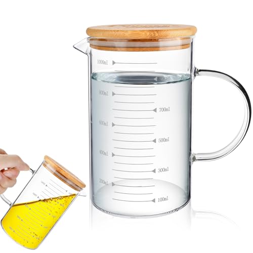 Akamino 1L Glass Measuring Jug,Clear Borosilicate Graduated Glass Mug with V-Shaped Spout,1000ML Measuring Cups with Airtight Lid & Handle for Kitchen Baking,Cooking
