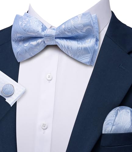 Image of YOHOWA Paisley Striped Men Bow Tie Pre-Tied Formal Adjustable Colorful Bowties Handkerchief Cufflinks Set Wedding Party