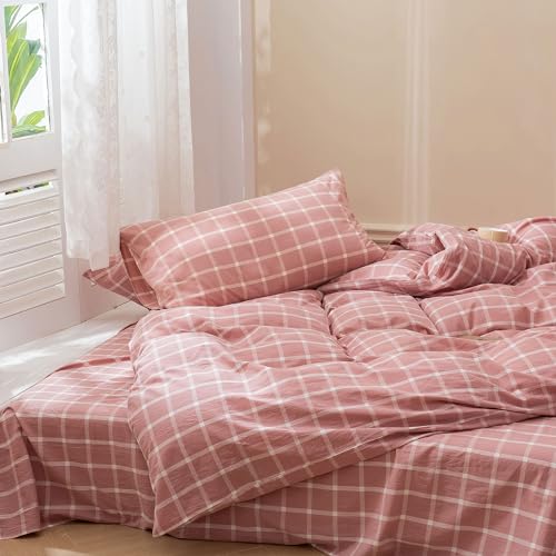 Image of EAVD Modern Style Pink Plaid Duvet Cover Queen Soft Cotton Pink and White Grid Plaid Bedding Set with 2 Pillowcases Simple Checkered Geometric Duvet Cover with Zipper Closure