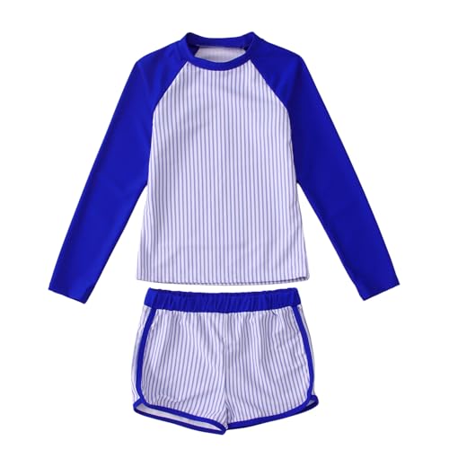 Image of Ritatte Girls Rash Guard Swimsuit 2 Pieces Stripe Bathing Suit Long Sleeve Rashguard Beach Shorts Summer Swimwear 7-12T(Dark Blue,10-11T(150))