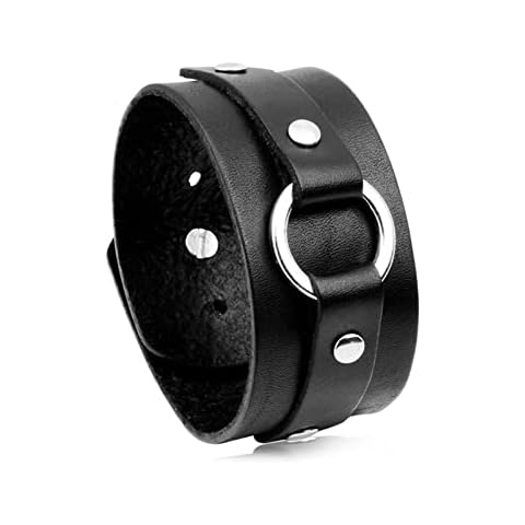 Fusamk Punk Rock Circle Pattern Wristband Wide Leather Cuff Bracelet, Metal Faux Leather, no gemstone Cover