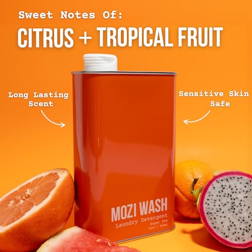 Image of Mozi Wash Laundry Detergent Liquid, Sugar Dew- Citrus & Hibiscus, 50+ Loads, Non toxic, Plant Based Enzyme Cleaners, Phosphate & Paraben Free, Long Lasting Luxury Clean, 32 oz Recyclable Bottle