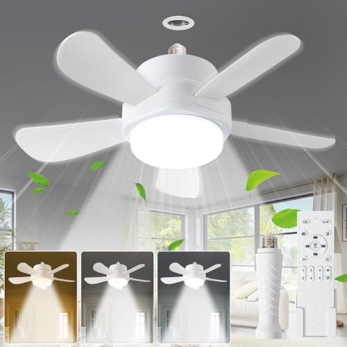 Socket Ceiling Fans with Lights and Remote App, Socket Fan Light with Dimmable 3 Color 1200 lumen Reversible,Screw in Ceiling Fan in Light for Bedroom Living Room Kitchen Garage -Suit E26E27 Base 16IN