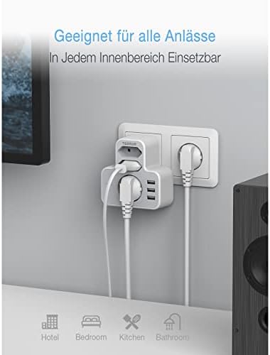 TESSAN Gniazdo Przeciwprzepięciowe z USB, Gniazdo 6 w 1 USB, Wtyczka Wielokrotna do Gniazda z ładowarką USB 3, Podwójna Wtyczka do Gniazda, Gniazdo Potrójne z Adapterem Gniazda USB 3 Drożne, Szare