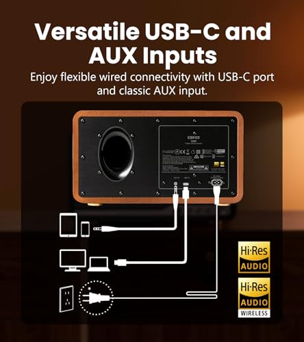 Image of Edifier S300 Hi-Fi Tabletop Speaker, Hi-Res Audio LDAC for Wireless Multi-Room & Stereo Pairing, 80W Power Works with AirPlay 2 Bluetooth 5.4 USB-C AUX Inputs, Retro Design with Remote - Brown