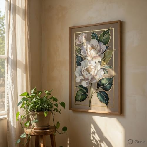 Image of SAF Elegant White Floral Wall Painting with Wooden Frame | Luxury Flower Artwork HD UV Laminated MDF Wall Decor | Botanical Flower Wall Art for Living Room Bedroom Office Decor 13.5 Inch x 19.5 Inch