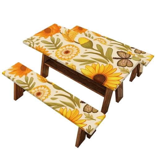 Bivxisrvo Yellow Floral Picnic Table Cover with Bench Covers Camping