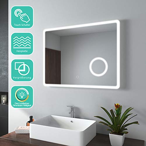 LED Badspiegel mit Beleuchtung 80x60cm Badezimmerspiegel 3 Lichtfarbe 3000-6400K Lichtspiegel Wandspiegel mit Touchschalter, Beschlagfrei, 3-Fach