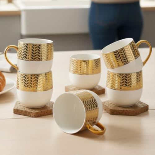 Image of Clay Craft Fine Ceramic Tea & Coffee Cups Set of 6| 200 Ml Designer Cups with Gold Handle & Elegant Pattern | Ideal for Home| Guests & Gifting