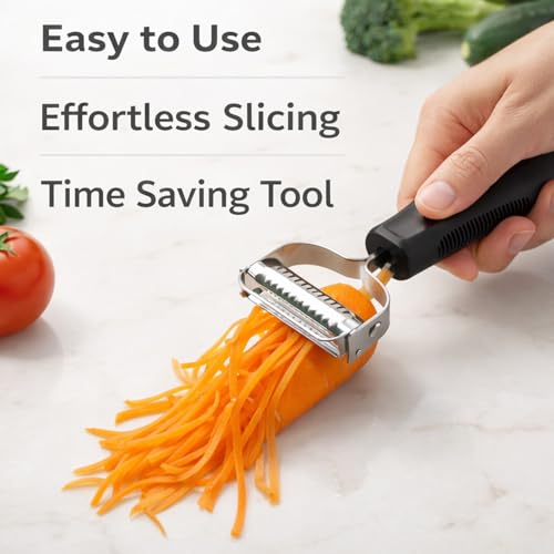 Image of Signamio 2 in 1 Julian Peeler for Salad, Dual Blade Salad Peeler Kitchen Tool, Handheld Julienne Peeler for Salad for Quick Veggie Ribbons, Safe Grip Handle for Home Cooking Prep
