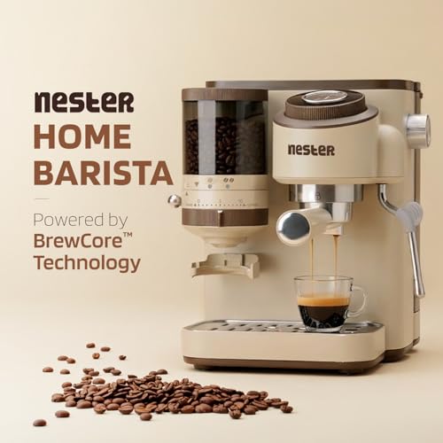 Image of NESTER Home Barista Coffee Machine - 20 Bar Italian Ulka Pressure Pump, Built-in Grinder, BrewCore Technology, PID Temperature Control, Espresso, Americano, Steam & Pod Compatible - Dalgona Brown