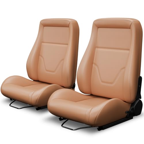 2 Pieces Universal Classic PVC OBS Style Seats with Dual Sliders Reclinable Low Back Bucket Seats for Driver and Passenger Side Not Including Seat Bracket (Brown)