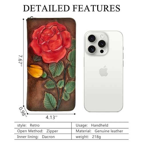 Image of Wallet Genuine Leather for Women - with RFID Blocking Card checkbook ID Slot Large Capacity Vintage style (big rose coffee)