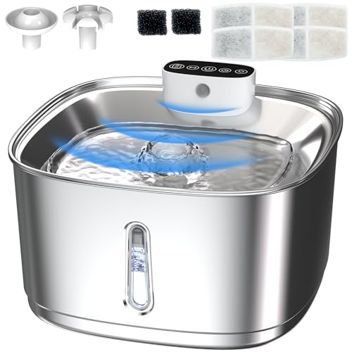 QXQXIN Cat Water Fountain Stainless Steel- 108oz/3.2L Pet Fountain with 4 Replacement Filters, Motion Sensor& 3 Working Modes, Cordless Automatic Dog Water Dispenser for Cats, Dogs, and Small Pets