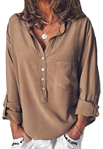 MEDUOLA Mujer Camisa Elegante con Cuello en V Blusa Suelta Informal con Botones Shirt Manga Larga de Color Sólido M,Caqui Cover