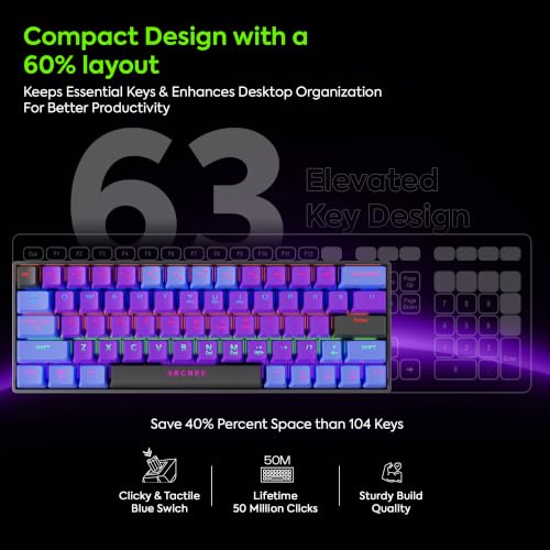 Image of tizum Archer Tech Lab Wired Mechanical Gaming Keyboard, 60% Compact 63 Keys, Anti-ghosting, clicky Blue switches, 17 RGB Effects, 50M clicks, Compatible with Laptop, Mac, PS4, PS5, Xbox (Astra M400).