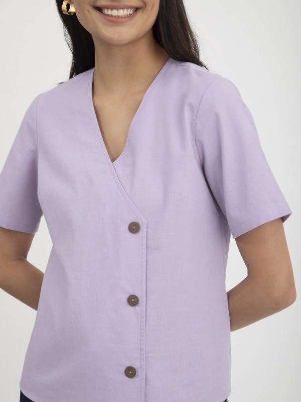 Image of FableStreet Linen V-Neck Button Top - Purple