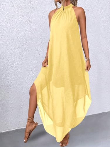 Image of Verdusa Women's Wedding Guest Dress Halter Flowy Chiffon Long Dresses | Cocktail Dress, Asymmetrical Dress for Women, Sleeveless, Prom Dress, Cruise Outfits, Boho