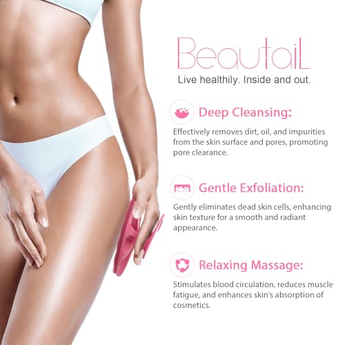 Image of Silicone Body Scrubber Shower Bath Wash Brush Gentle Exfoliating Scrub Cleansing Loofah for Women Men Baby Sensitive Skin, Easy to Clean, Lather Nicely, More Hygienic, 1 Pack, Pink