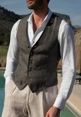 Men's Lightweight Linen Vest Summer Casual Wedding Waistcoat for Beach Party3